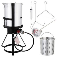 Outvita 30 Qt Turkey Deep Fryer Set  Aluminum Fish & Seafood Boiler Steamer With 55 000 Btu Propane Gas Burner Stand Injector Thermometer Hose  Ideal For Outdoor Fry Cooking  Sliver