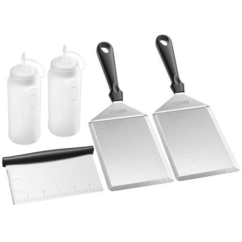 Hulisen Griddle Accessories Kit (5 Pieces)  6 X 5 Inch Stainless Steel Spatula With Cutting Edges  2 Squeeze Bottles  Chopper/Scraper  Essential Flat Top Grill Accessories For Cooking Indoor/Outdoor