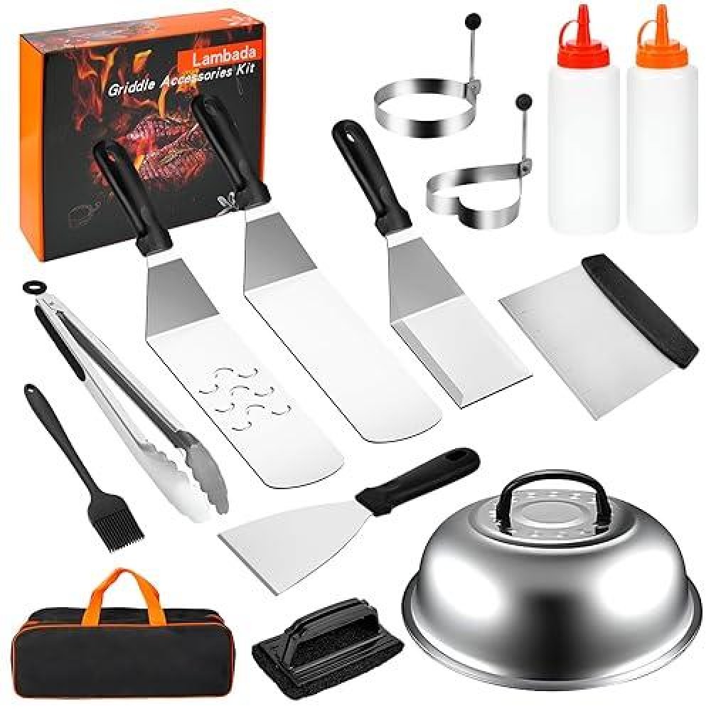 Lambada Griddle Accessories Kit  Flat Top Grill Accessories Set For Blackstone  14Pcs Grilling Accessories With Enlarged Spatula Kit  Scraper  Basting Cover  For Camp Chef Outdoor Bbq