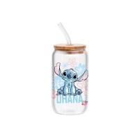 Silver Buffalo Disney Lilo And Stitch Ohana Glass Tumbler With Bamboo Lid And Reusable Glass Straw Featuring Stitch Sitting 16