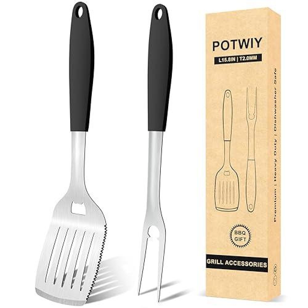 Potwiy Grill Tools Bbq Accessories Set Of 2 158 Heavy Duty Stainless Steel Grill Utensils With Grill Spatula And Fork Full