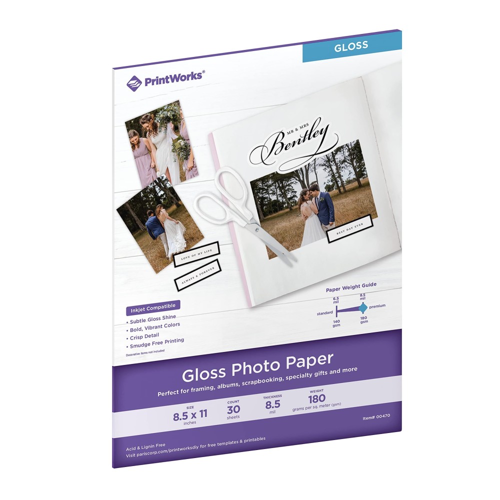 Printworks Gloss Photo Paper For Use With Inkjet Printers Heavyweight 85 Mil 85 X 11 30 Sheets 00470 White