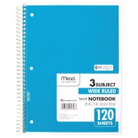 Mead Spiral Notebook 3 Subject Wide Ruled Paper 120 Sheets 1012 X 8 Color Selected For You 1 Count 05746