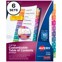 Avery 10 Tab Dividers For 3 Ring Binders Customizable Table Of Contents Multicolor Tabs 6 Sets 11188