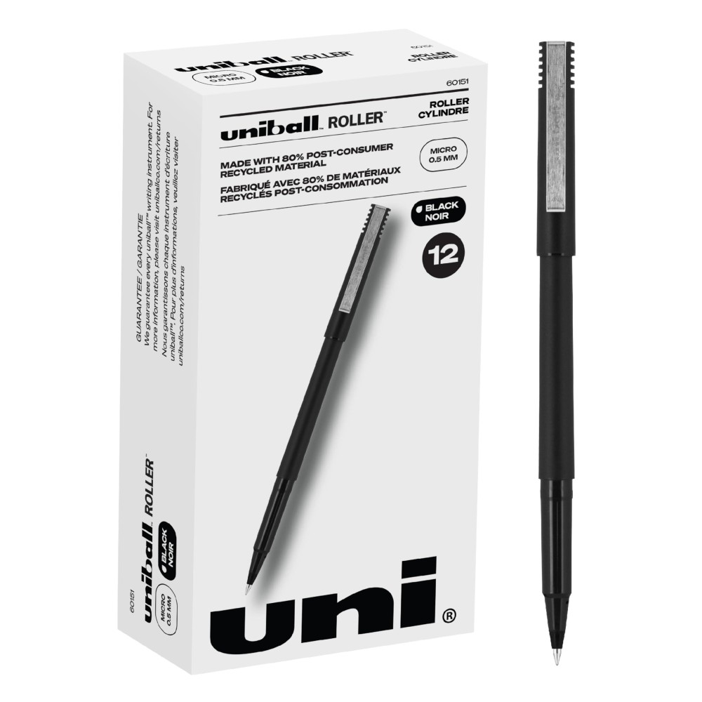 Uniball Roller Rollerball Pens Fine Point Micro Tip 05Mm Black 12 Pack