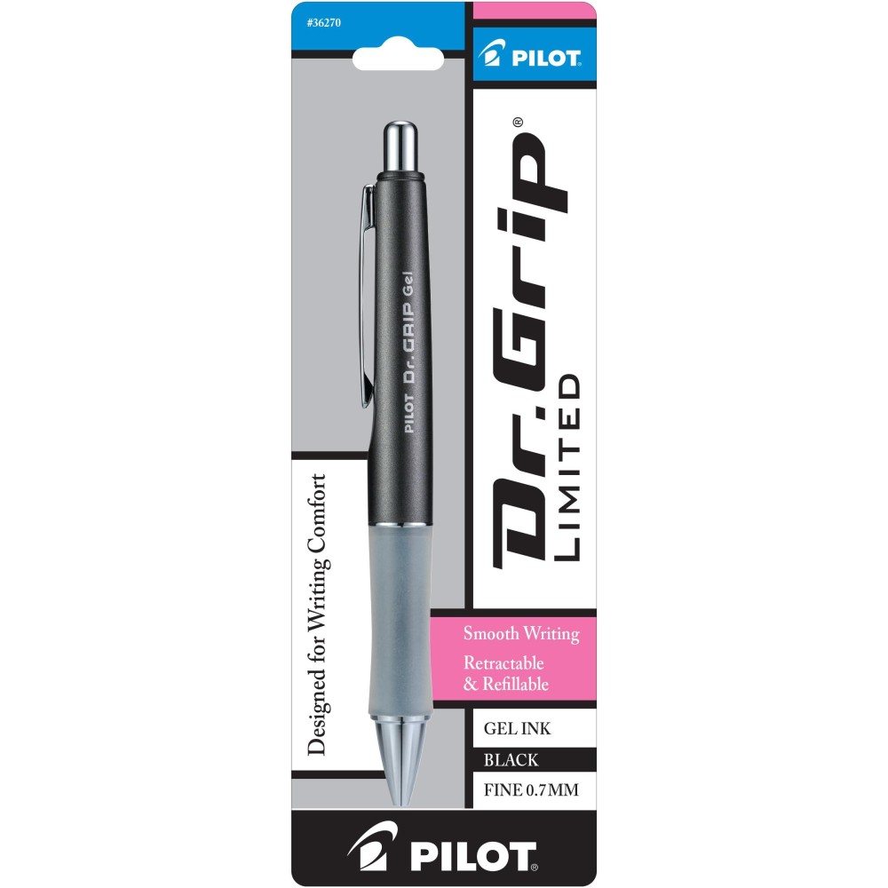 Pilot Dr Grip Limited Refillable Retractable Gel Ink Rolling Ball Pen Fine Point Metallic Charcoal Gray Barrel Black Ink