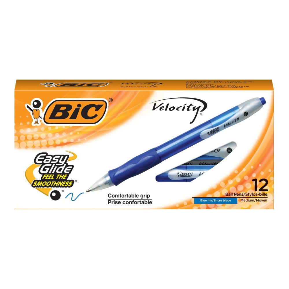 Bic Vlg11Blue Velocity Retractable Ballpoint Pen Refillable Medium Point 10 Mm Blue 12Count