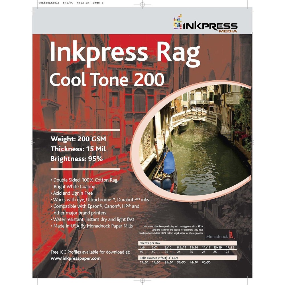 Inkpress Rag Cool Tone Double Sided Bright White Matte Inkjet Paper 15 Mil 200Gsm 5X7 50 Sheets