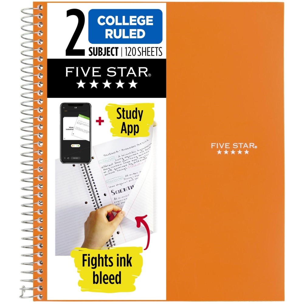 Five Star Spiral Notebook Study App 2 Subject College Ruled 812 X 11 120 Sheets Fights Ink Bleed Purple Orange G