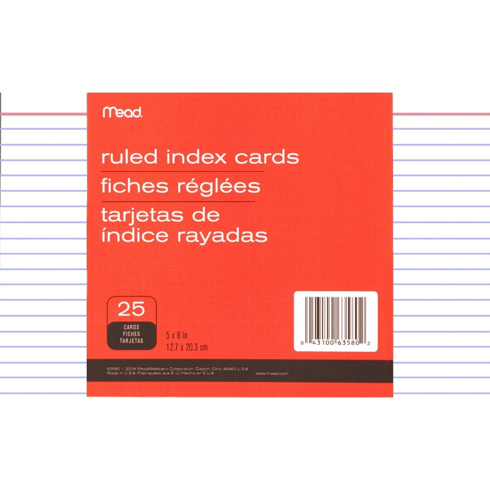 Mead Ruled Index Cards 5 X 8 Inches 63580 White 25 Ea