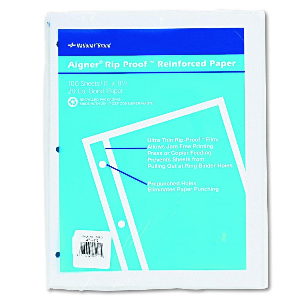 National Rip Proof Reinforced Filler Paper 3Hole 85 X 11 Unruled 100Pack White