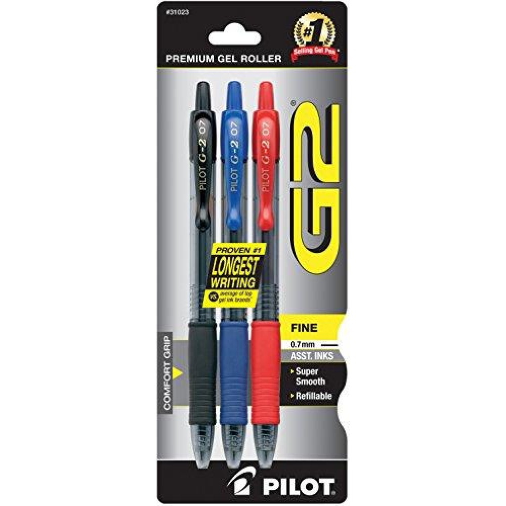 Pilot  G2 Premium Gel Roller Pens  Fine Point 0.7 Mm  Black  Blue  Red  Pack Of 3