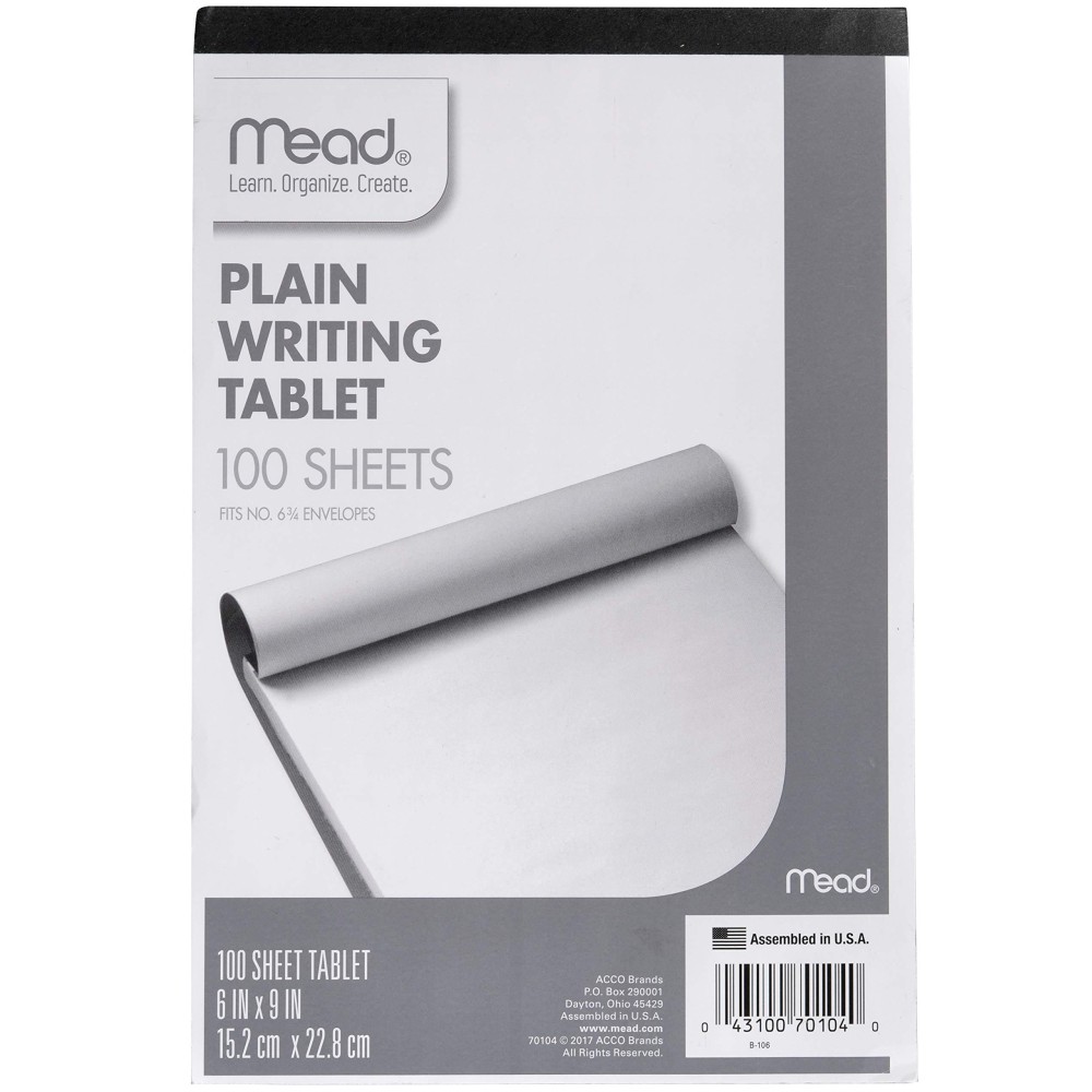 Mead Writing Tablet 6 X 9 Paper Pad Plain Note Pad 100 Sheets 70104