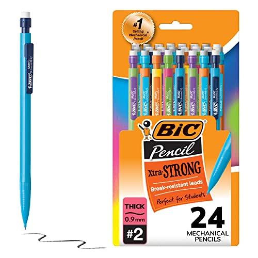 Bic Xtrastrong Thick Lead Mechanical Pencil With Colorful Barrel Thick Point 09Mm 24Count Pack With Erasers Mplwp241