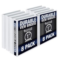 Samsill 3 Ring Durable View Binders 8 Pack 1 Inch Round Ring Nonstick Customizable Clear Cover White