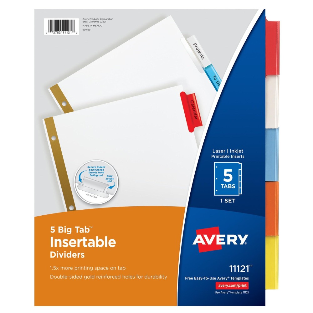 Avery 5Tab Binder Dividers Insertable Multicolor Big Tabs 1 Set 11121