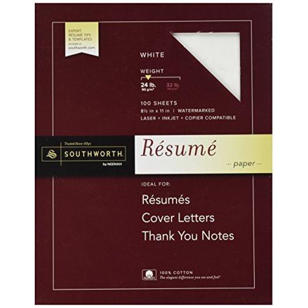 Southworth 100 Cotton Resume Paper White 24 Lbs Wove 812 X 11 100Box