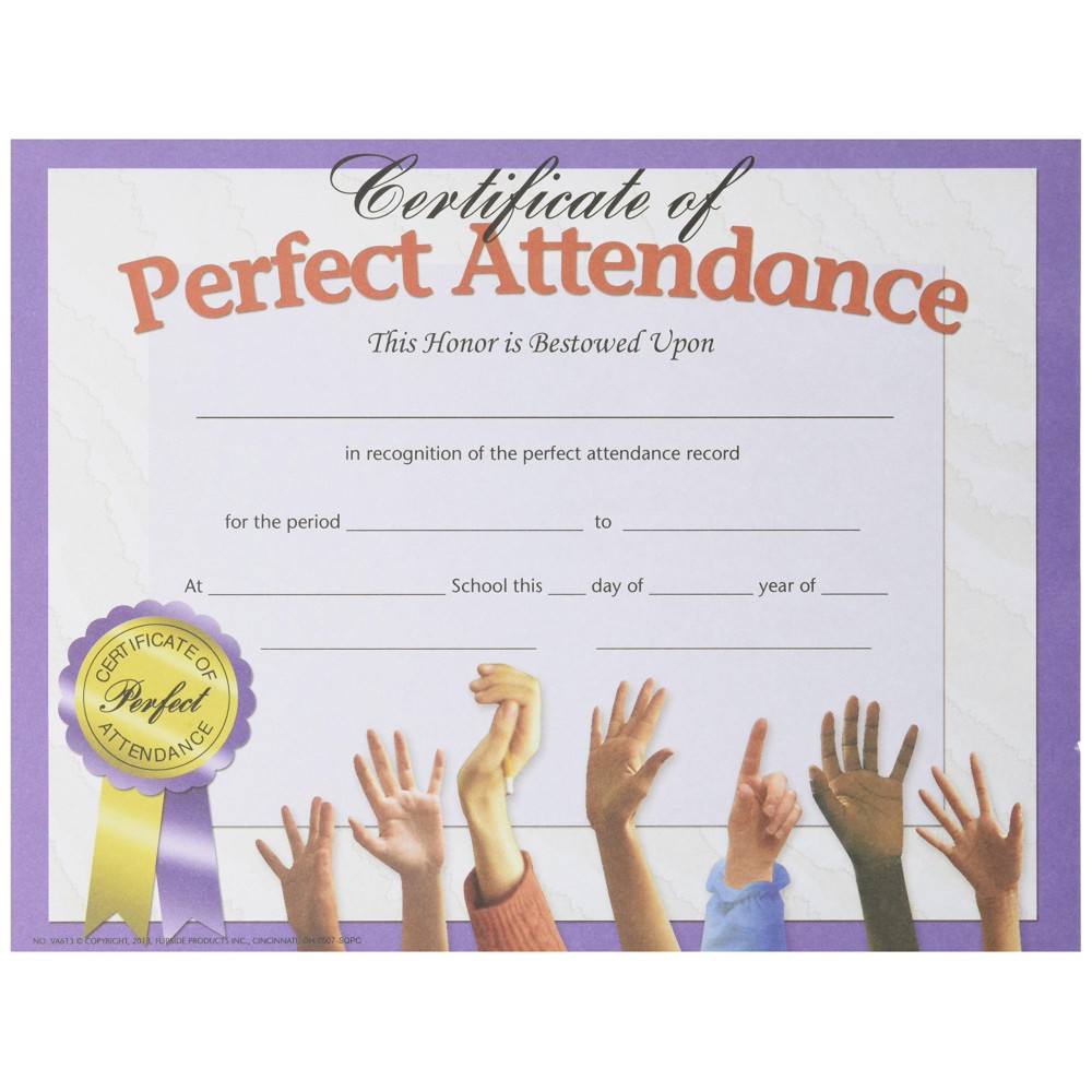 Hayes Perfect Attendance Certificate 812 X 11 In Paper Pack Of 30