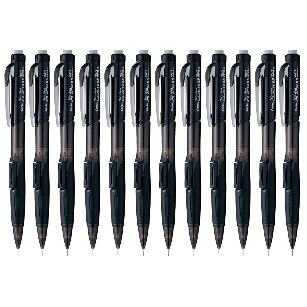 Pentel Twist Erase Click Mechanical Pencil Pack Of 12 05Mm Clear Barrel Black Grip Pd275Ta