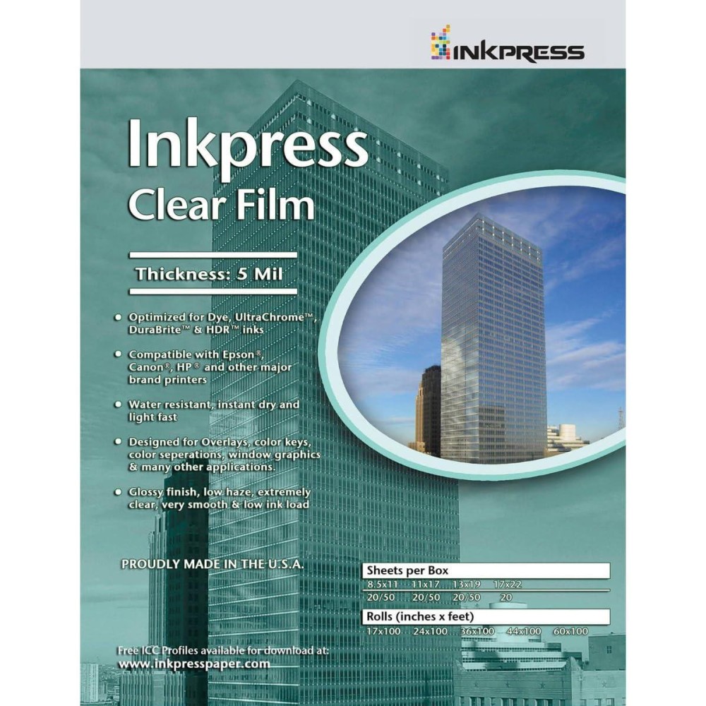 Inkpress Clear Film 5 Mil Polyester Inkjet Film 85X11 20 Sheets