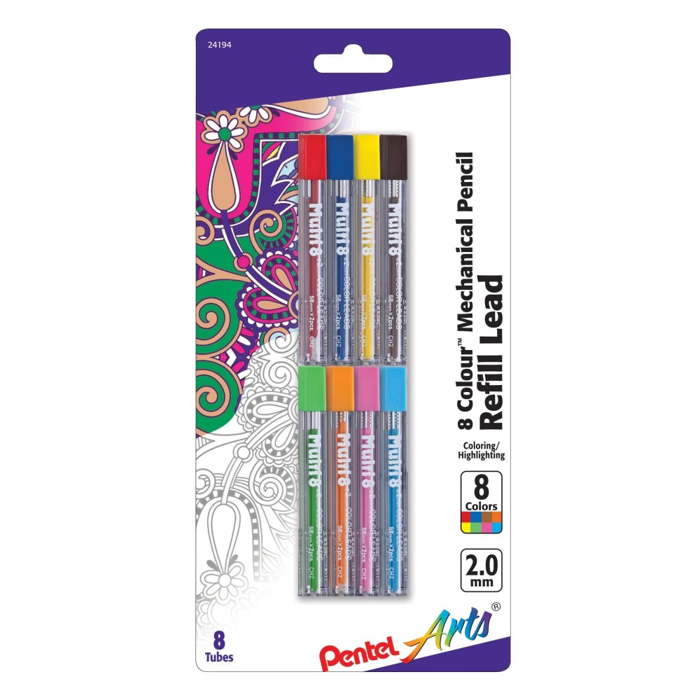 Pentel Arts Lead Pencil Refills 20 Mm Assorted Colors Pack Of 8