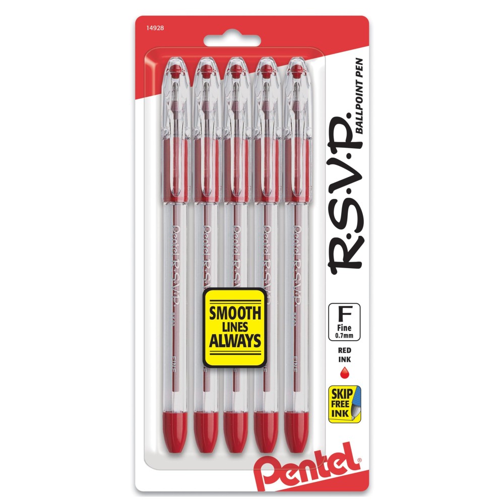 Pentel Rsvp Ballpoint Pen Fine Line 07Mm Red Ink Pack Of 5 Bk90Bp5B