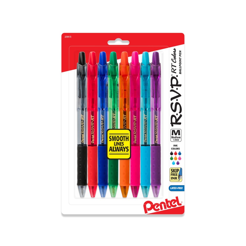 Pentel Rsvp Rt Colors New Retractable Ballpoint Pen Medium Line Assorted Ink Colors Pack Of 8 Bk93Crbp8M