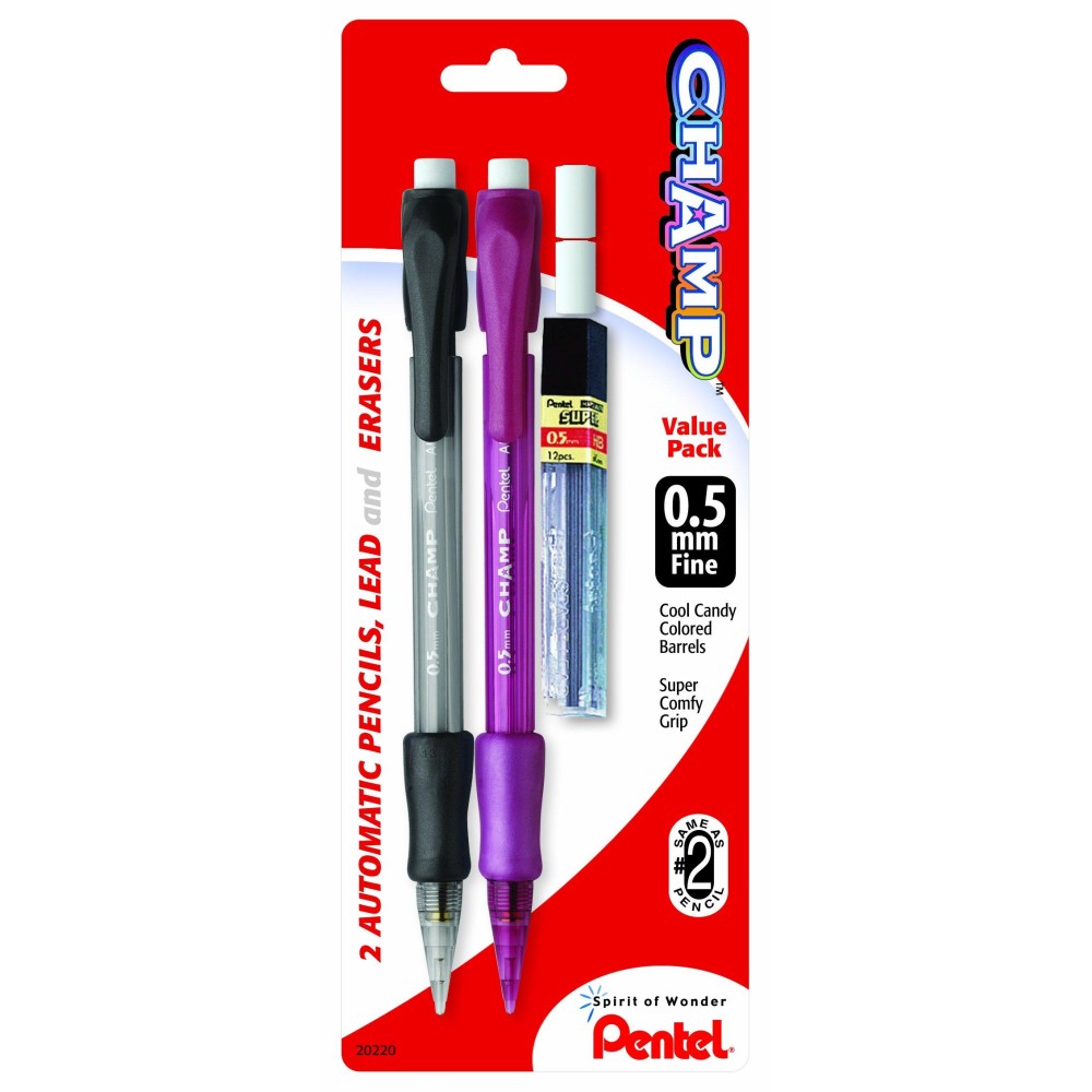 Pentel Champ Automatic Pencil With Lead And 2 Erasers 05Mm Assorted Barrels 2 Pack Al15Lebp2