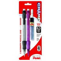 Pentel Champ Automatic Pencil With Lead And 2 Erasers 05Mm Assorted Barrels 2 Pack Al15Lebp2