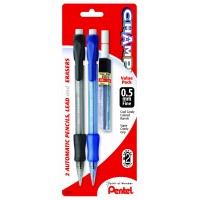 Pentel Champ Automatic Pencil With Lead And 2 Erasers 05Mm Assorted Barrels 2 Pack Al15Lebp2