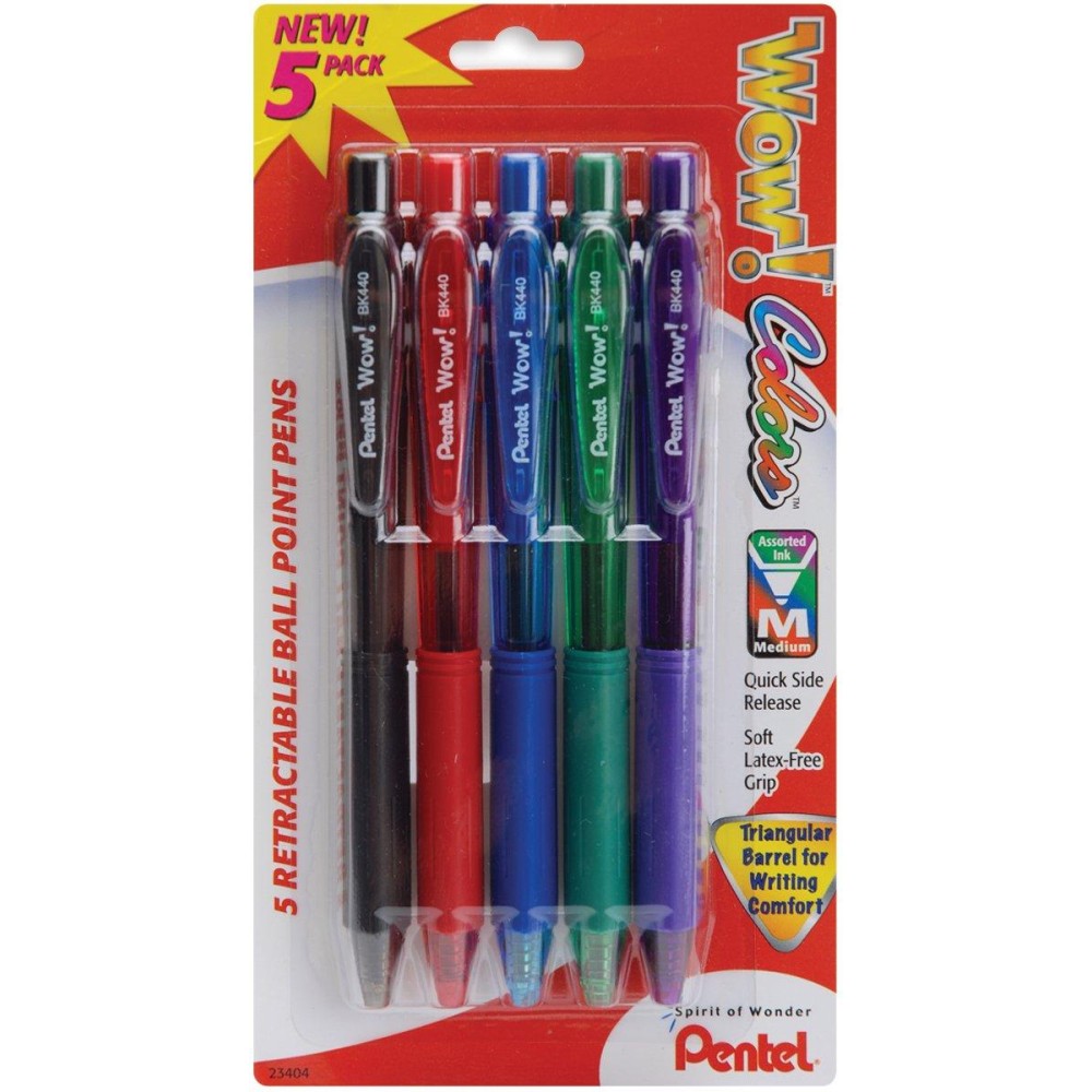 Pentel Wow Colors Retractable Medium Ballpoint Pens 5Pkgassorted Colors