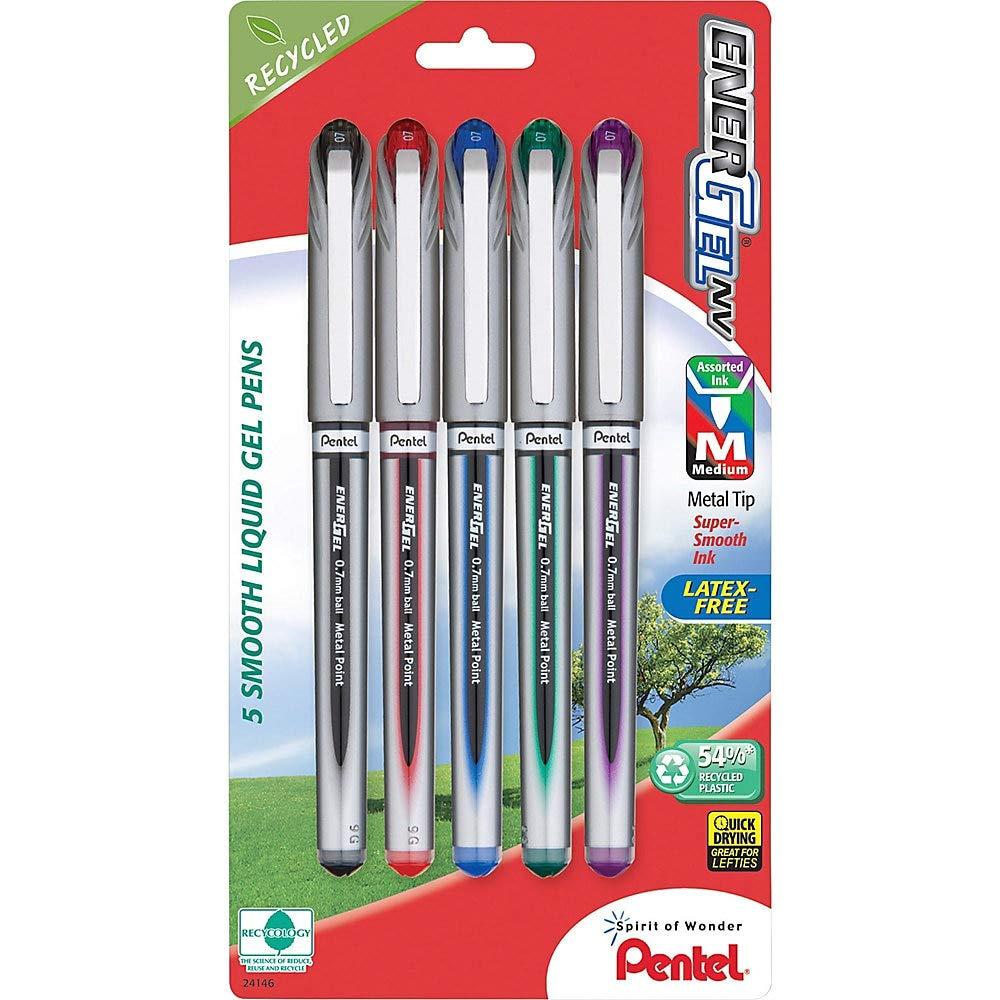 Pentel Energel Nv Gel Ink Pen Medium Point Metal Tip Assorted Ink 5 Pack Bl27Bp5M