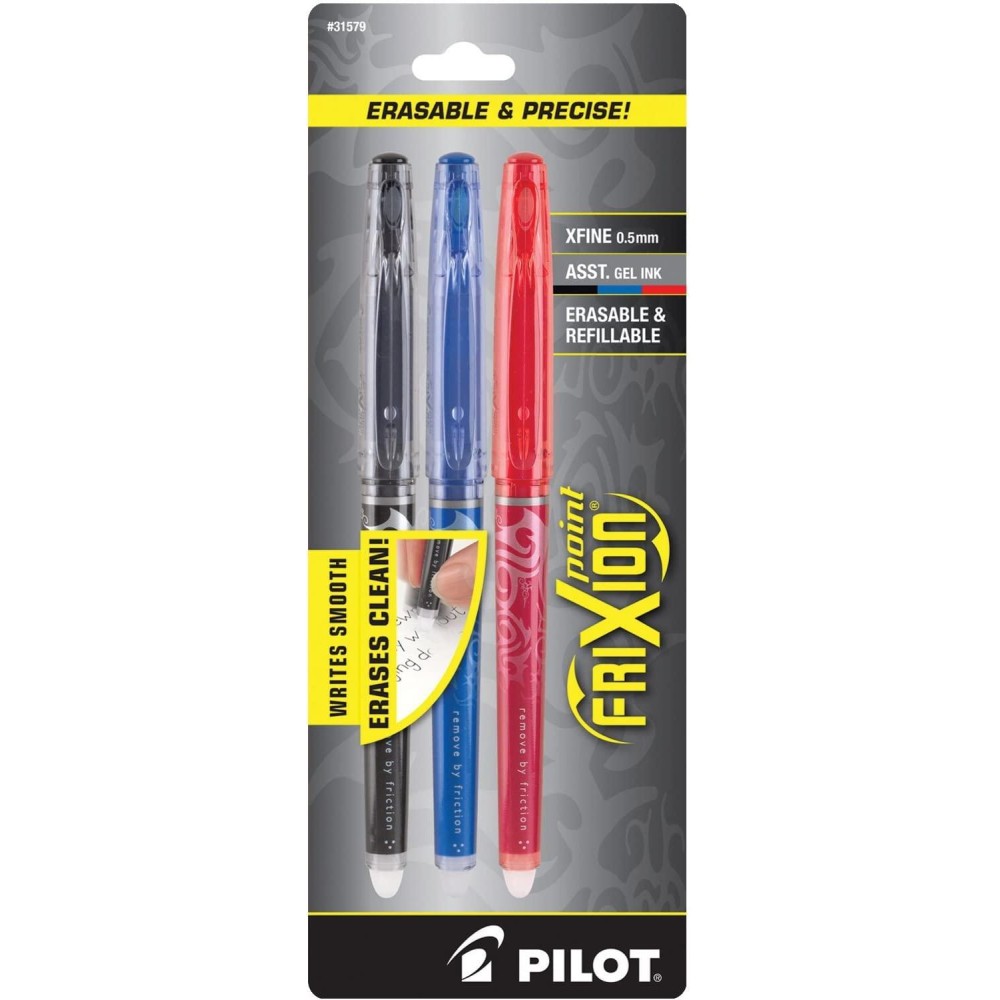 Pilot Frixion Point Erasable Refillable Gel Ink Pens Extra Fine Point 05 Mm Pack Of 3 Black Blue Red