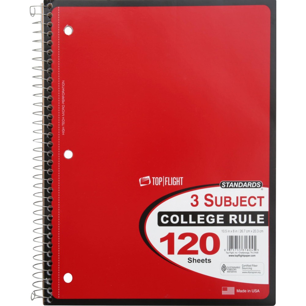 Top Flight Standards 3Subject Wirebound Notebook 120 Sheets 3Hole Punched College Rule 105 X 8 Inches 1 Notebook Color