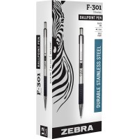 Zebra Pen F301 Retractable Ballpoint Pen Stainless Steel Barrel Bold Point 16Mm Black Ink 12Pack