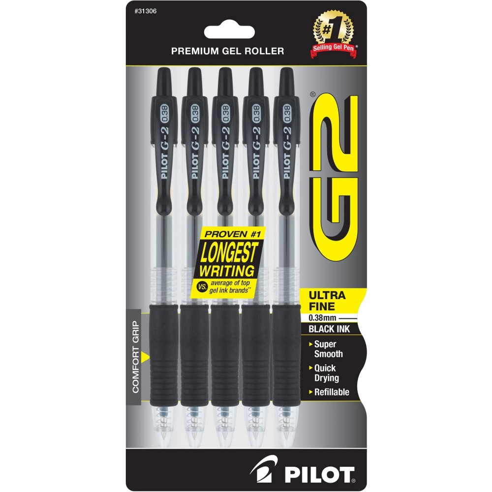 Pilot G2 Premium Gel Roller Pens Ultra Fine Point 038 Mm Pack Of 5 Black