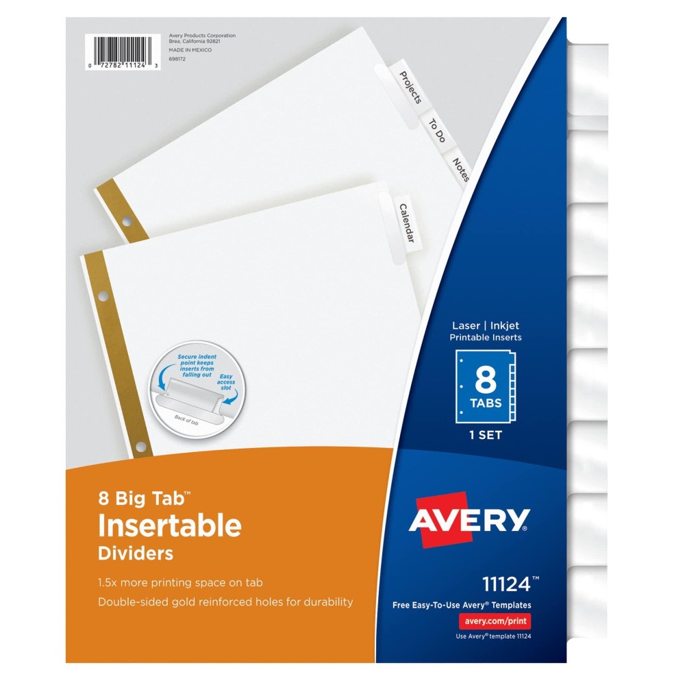 Avery Big Tab Insertable Dividers Gold Reinforced Whiteclear 8Tab