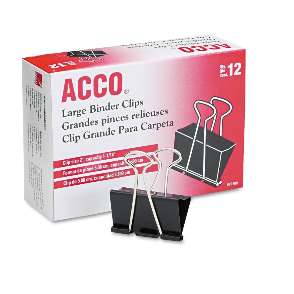 Acco 72100 Large Binder Clips 2Inch W 1116Inch Cap Blacksilver Sold As 1 Dozen