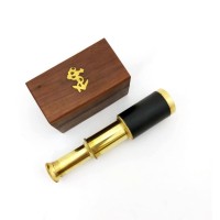 Benzara Small Brass Telescope With Pullout Wooden Box Gold And Brown