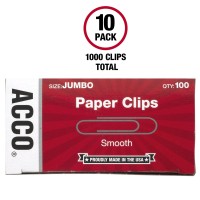 Acco Paper Clips Jumbo Smooth 100 Clipsbox 1 Box 72580