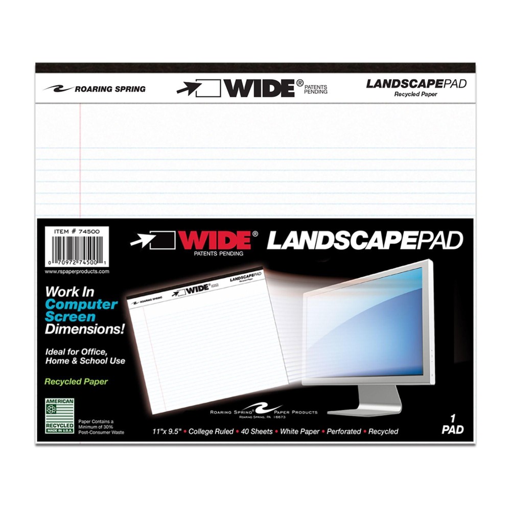 Roaring Spring Paper Products Wide Landscape Pads 40 Sheets 11 X 912 Inches White Roa74500