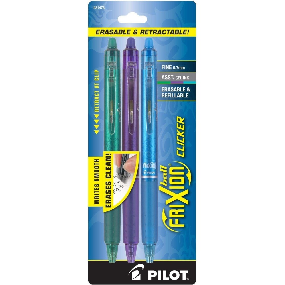 Pilot Frixion Clicker Erasable Refillable Retractable Gel Ink Pens Fine Point Greenpurpleturquoise Inks 3Pack 31473