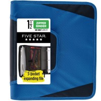 Five Star Zipper Binder 112 Inch 3Ring Binder For School 3 Pocket Expanding File 500 Sheet Capacity Blue 72202