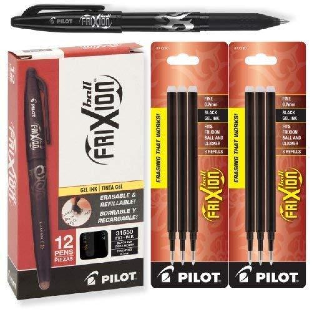 Pilot 31550 Frixion Erasable Black Gel Ink Pens 12 Pens With 2 Packs Of Refills