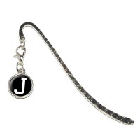 Letter J Initial Black White Metal Bookmark Page Marker With Charm