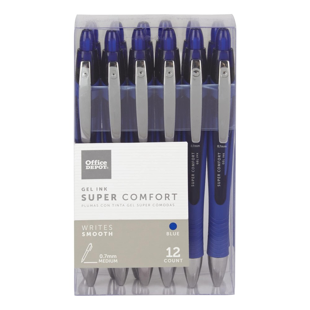 Office Depot Super Comfort Grip Retractable Gel Pens Medium Point 07 Mm Blue Barrel Blue Ink Pack Of 12