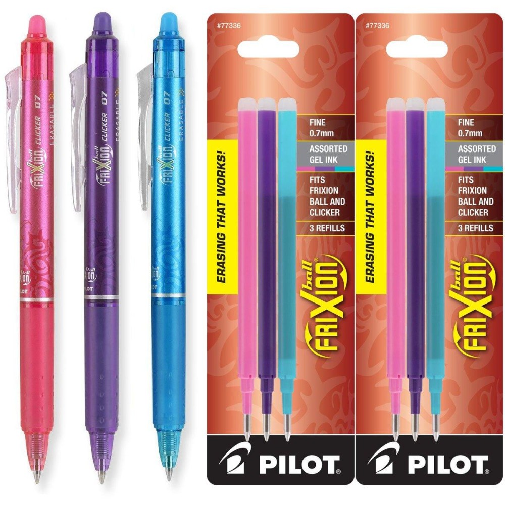 Pilot Frixion Clicker Retractable Erasable Gel Ink Pens Fine Point 07Mm Assorted Fashion Ink Pack Of 3 With Bonus 2 Packs O