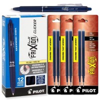 Pilot Frixion Clicker Retractable Gel Ink Pens Eraseable Fine Point 07Mm Navy Blue Ink Pack Of 12 With Bonus Packs Of Refil