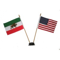 Usa Iran Persian Lion Small 4 X 6 Inch Mini Double Country Stick Flag Banner With Black Stand On A 10 Inch Plastic Pole New