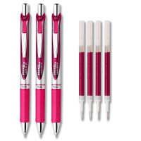 Pentel Energel Deluxe Rtx Liquid Gel Ink Pen Set Kit Pack Of 3 With 4 Refills 07Mm Pink